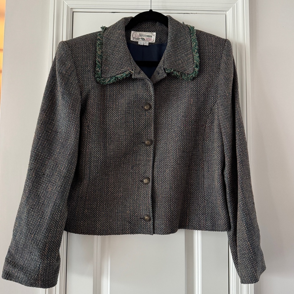 Vintage 90s Silk Cropped Blazer Jacket Fringe Collar Boxy Grandma Chic Large